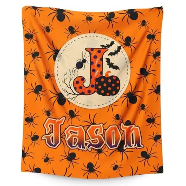 Halloween Blanket Gifts with Name Initial for Kids Boys Girls - Personalized Flannel Throw Blanket Soft Cozy Fuzzy - Halloween Blankets for Couch Sofa Bed Decor