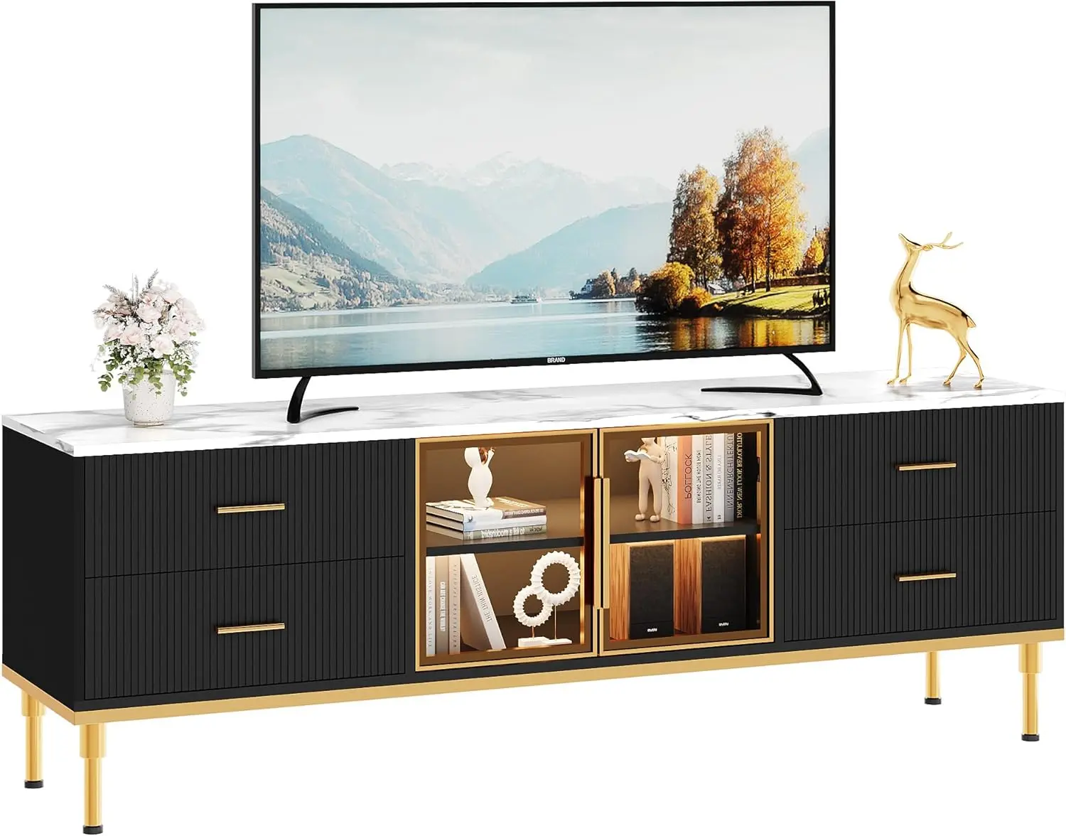 65-Inch Black Modern LED-Lit TV Stand - Low-Profile Entertainment Center with 4 Drawers, Shelves, Glass Doors, Console Table for 55/65/75-Inch TVs, Modern Room Ambient Multimedia Centre Living Room Indoor Furniture, Ambient Room Tv Stands & Multimedia Cen