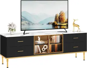 Black 65-Inch Modern LED-Lit TV Stand, Entertainment Center with 4 Drawers, Shelves, Glass Doors, Low-Profile Console Table for 55/65/75-Inch TVs, Living Room Furniture