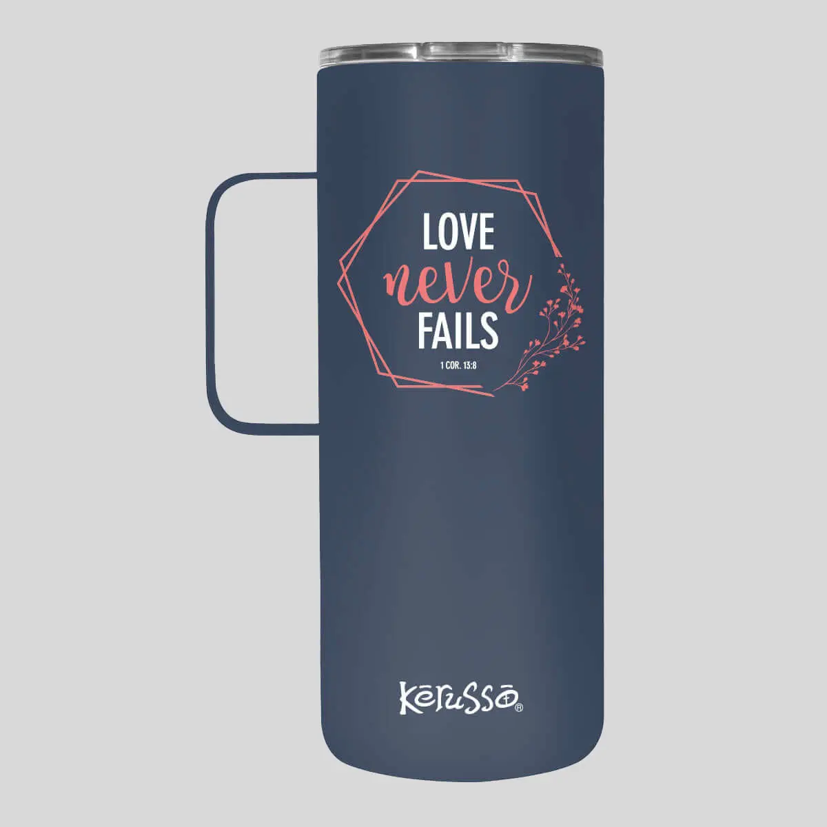 Kerusso Love Never Fails Hexagon 22 oz Dual-Walled Stainless Steel Tumbler with Lid, Coffee Mug, Convenient Handle