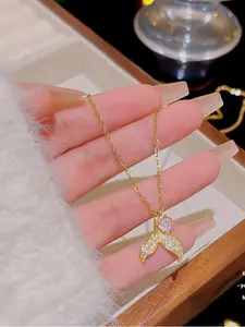 ikTok Viral Mermaid Tail Necklace | Dainty CZ Paved Pink Zircon Clavicle Chain, Tarnish Free Hypoallergenic, Perfect Daily Wear & Gift For Her