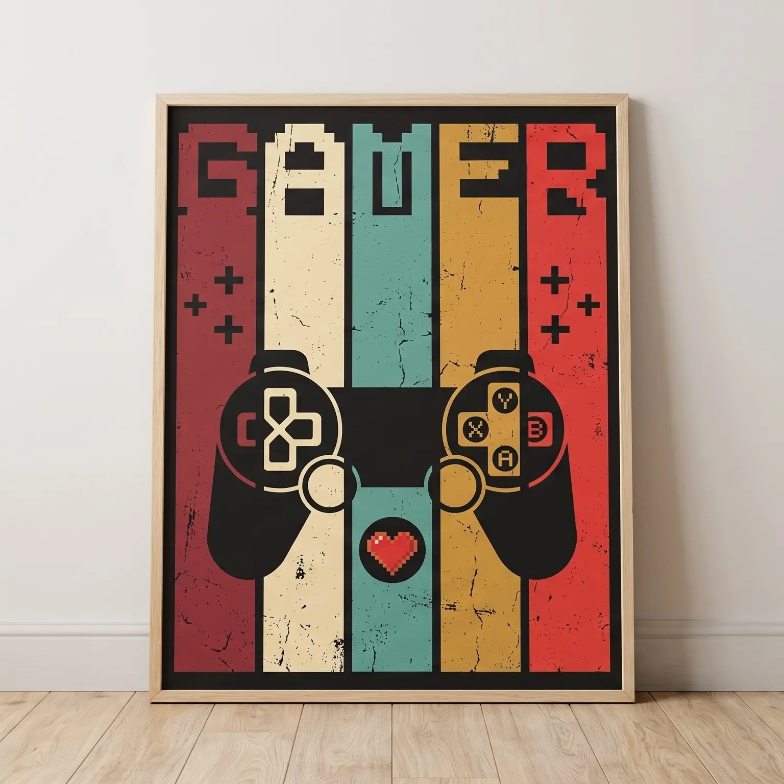 Retro Gamer Wall Art Print, Vintage Color Block Video Game Poster, Classic Controller Gamer Sign for Bedroom, Gaming Room, Man Cave, Unframed