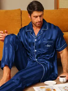 Men's Two-Piece Sleepwear Set, Casual Ice Silk Luxury Home Clothing, All-Season Comfortable Pajamas, Top and Pants Ensemble