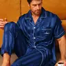 Men's Two-Piece Sleepwear Set, Casual Ice Silk Luxury Home Clothing Loungewear, All-Season Comfortable Pajamas Pyjamas, Top and Pants Ensemble Pjs
