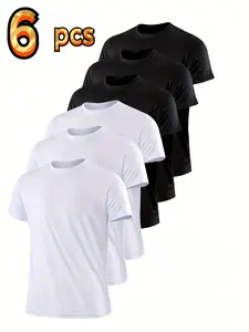 Kids 6 Pack Athletic T-Shirts, Quick Dry Mesh Short Sleeve Tees for Boys & Girls, Breathable Summer Activewear (3 Black + 3 White), Ages 5-16 slight stretch popular t shirt