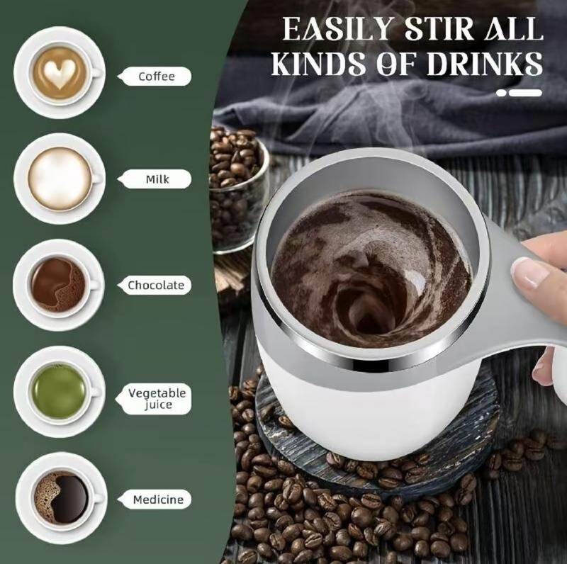 CoffeeCup 380ml Electric Coffee Mug with Lazy Rotating Magnet Design Stainless Steel Automatic Stirring Reusable Travel Mug White