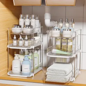 2 Sets 3-Tier Under Sink Bathroom Organizers and Storage, Multi-Purpose Stackable Pull Out Clear Cabinet Organizer with Movable Dividers for Kitchen Bathroom Pantry Organization