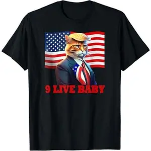 Cat in Suite with Trump Hair American Flag Nine Lives Baby T-Shirt