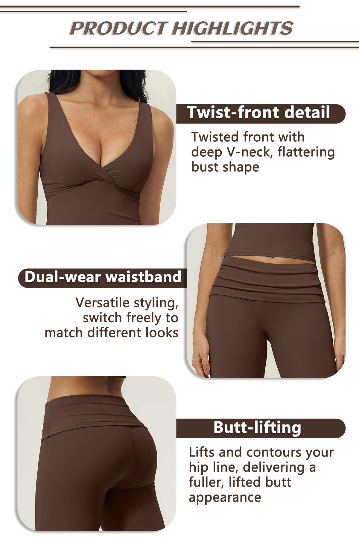 TIMEOFF Women's 2-Piece Yoga Outfits - V-Neck Sleeveless Wrap Crop Workout Top & Fold-Over Dual-Wear Waist Flare Pants, Soft 4-Way Flexible Stretch Fabric, Adjustable Fit Women's Clothes for Pilates, Gym, Set Active