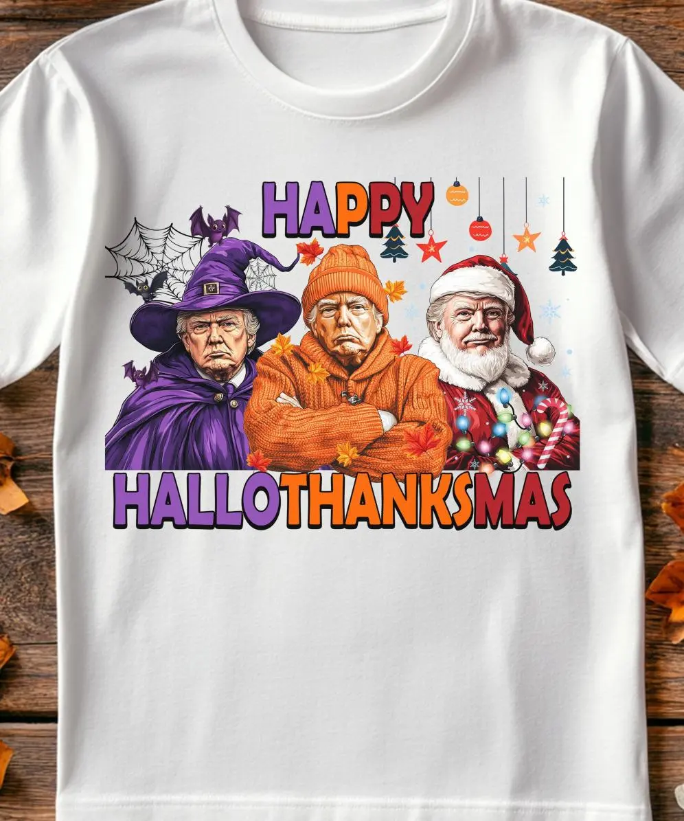 Happy Hallothanksmas Shirt, Funny Trump Halloween, Thanksgiving and Christmas Design, Pro-Trump Political Holiday, Gildan Unisex