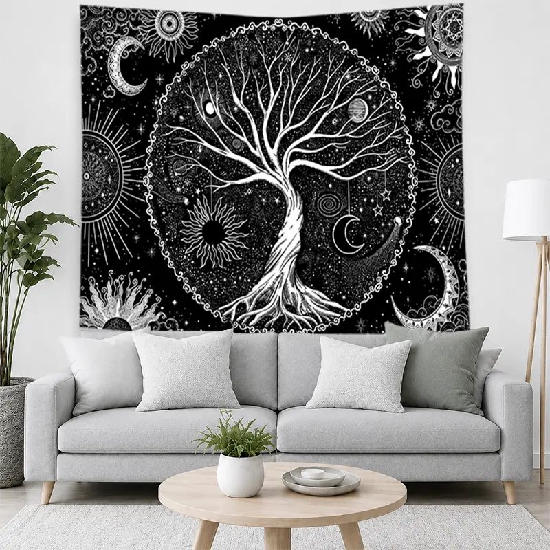 Celestial Tree of Life Tapestry - Black and White Sun-Moon-Stars Wall Hanging, Mystical Bohemian Fabric Wall Art for Bedroom, Living Room, Home Decor Gift