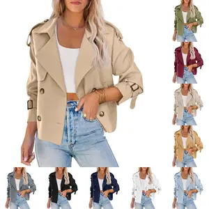 Beotyshow Women Crop Double Breasted Trench Coat Raglan Sleeve Work Office Cropped Jacket With Pockets