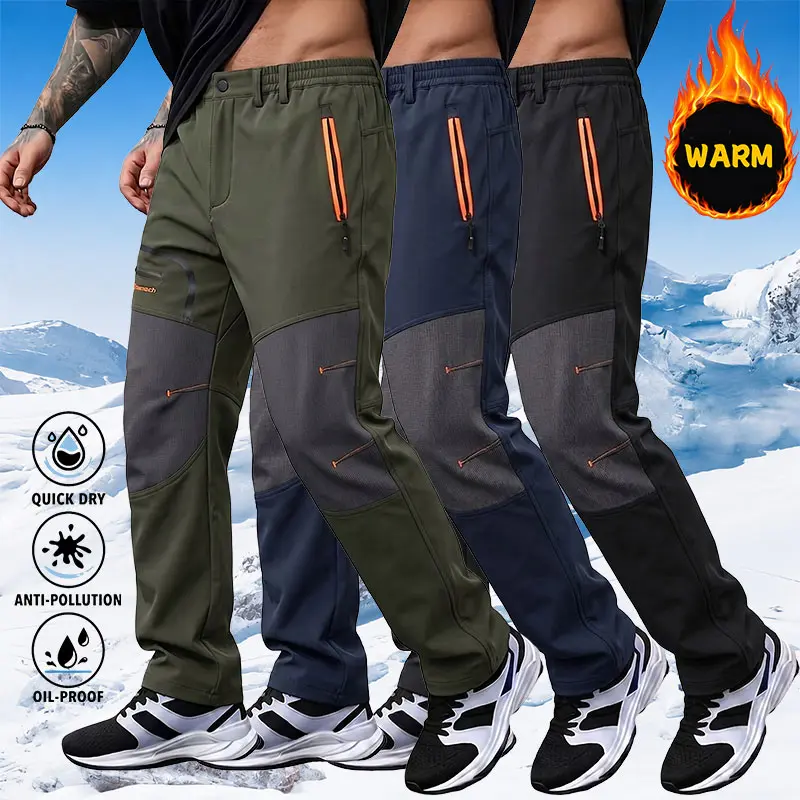 Men’s autumn/winter fleece-lined outdoor hiking pants with multiple pockets and zipper design; waterproof, oil-resistant, quick-drying long pants suitable for skiing, climbing, camping, daily commuting, outdoor work, and winter outdoor sports.