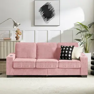 83.86" Couch Sofa with Cup Holders & Extra Deep Seat, Modern Plush Corduroy Sofa Cloud Couch, Comfy Upholstered 3 Seater Sofa Bed Couches for Living Room, Apartment, Office, Pink