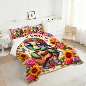 2/3Pcs Whimsical Turtle Comforter Set, Colorful Digital Print Bedding Set, Vibrant Floral Patterns and Music Notes, Cheerful Quilted Quilt for a Playful Bedroom Decor, Perfect for Kids and Teens, 1 or 2 Pillowcase No Pillow Core