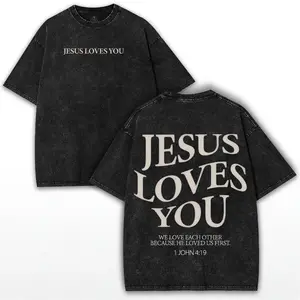 Jesus Loves You Oversized Tee – Washed Black Faithcore Shirt featuring Bold Bible Verse Graphic Back Print Spiritual Drop 2025 women's and men's tops TikTokShop Black Friday