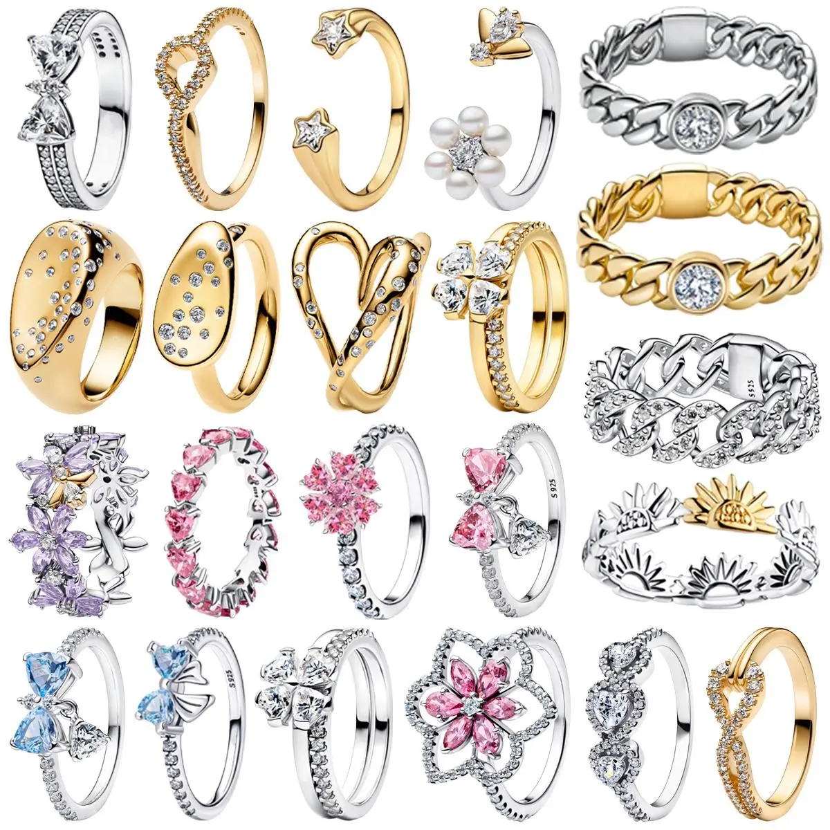 Luxury Original 925 Sterling Silver Heart Bow Pearl Flower Four Leaf Clover Ring fit Women's Fine Jewelry Valentine's Day Gifts