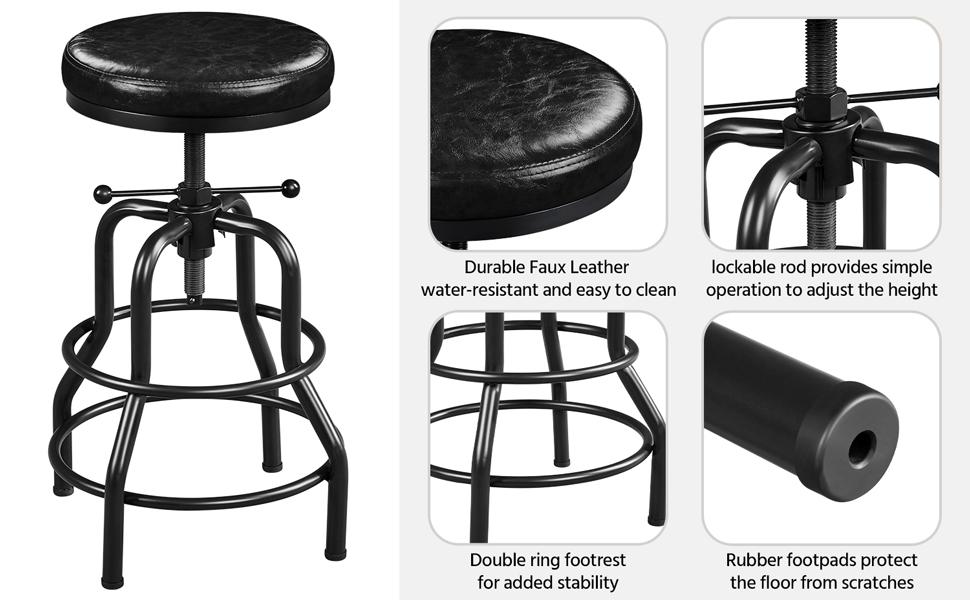 Yaheetech Industrial Bar Stool Vintage Counter Height Stool with Round Faux Leather Seat Adjustable Kitchen Stool 21.5-28 Inch Tall, 1PC