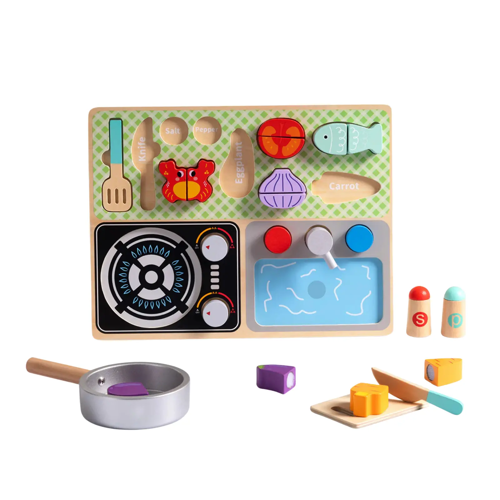 Wooden Kitchen Play Set for Kids with Stove, Sink, Pan, Utensils and Pretend Food, Montessori Cooking Toy
