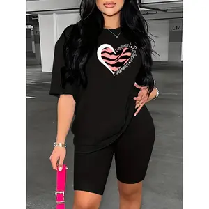 Leopard print and heart print short-sleeved T-shirt, spring/summer casual crew neck top, women's wear