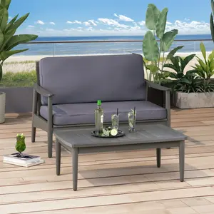 [SOIYELIFE] Contemporary Acacia Wood Outdoor Loveseat and Coffee Table Set in Dark Grey Featuring Minimal Versatile Design Traditional Slat Look Modern Upgrade Water-Resistant Cushions for Porches Patios Decks Timeless Fresh Outdoor Living Space Decor