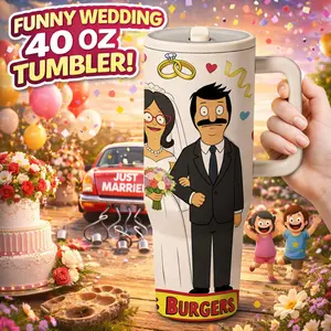 1pc 40oz Bob's Burger Shop Wedding Cartoon Couple Tumbler With Handle And Lid, Bride And Groom Illustration Stainless Steel Insulated Travel Mug, Thermal Flask, Keeps Drinks Cold 12H Hot 6H, Large Coffee Cup Gift For Couples Engagement