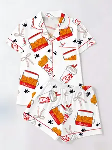 Spring Summer Women's Sleepwear Set, Open Front Cardigan Short Sleeve Shorts, Chicken Print, Star Butterfly Knots, Breathable Comfort Pajama Set