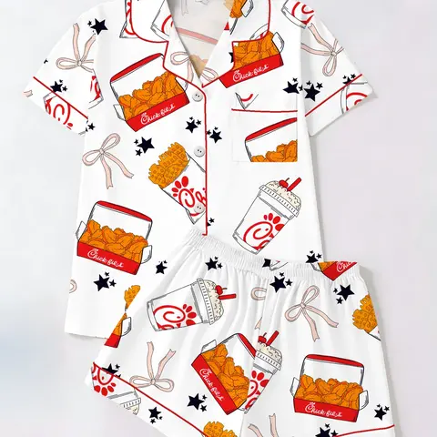 Spring Summer Women's Sleepwear Set, Open Front Cardigan Short Sleeve Shorts, Chicken Print, Star Butterfly Knots, Breathable Comfort, Pj Set