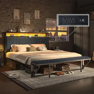 VanAcc Bed Frame with Foldable Ottoman, Velvet Upholstered Headboard with Bench, LED Lights, Charging Station and Storage Shelve, No Box Spring Needed