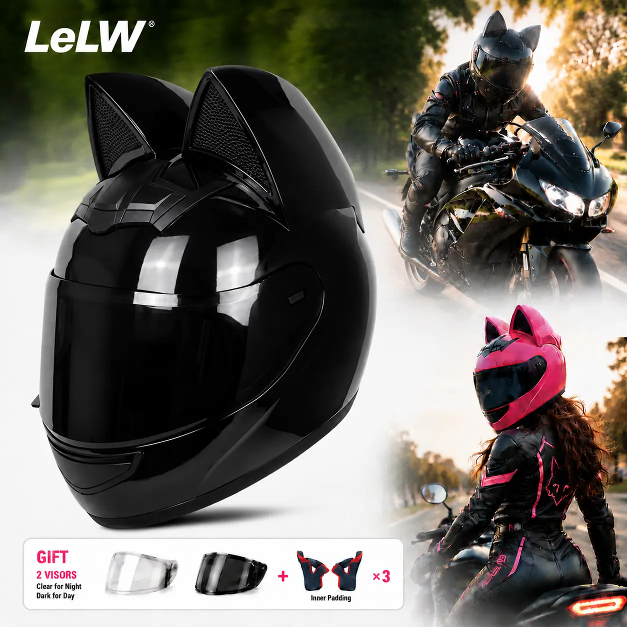 LeLW Cat Ear Motorcycle Helmet, Cute Full Face Helmet for Women & Men, Dual Visor Biker Helmet with Removable Washable Liner, Bluetooth Ready, Adjustable Fit System, Helmet Bag Included, DOT Certified