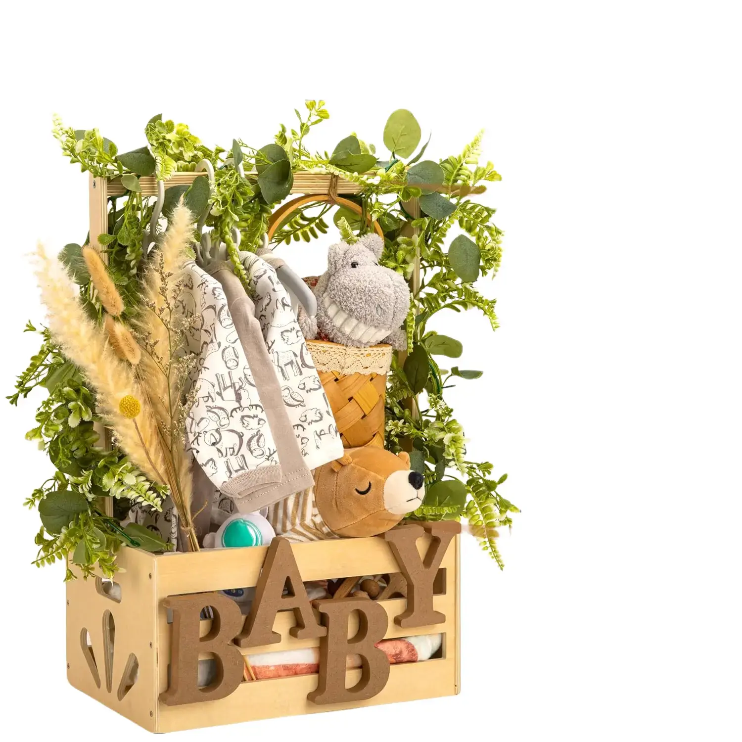 Natural Wood Eco-Friendly Classic Baby Storage Crate with Handle & 5 Wooden Hangers, Home Organizer Basket, Nursery Basket, Organizer Storage Box for New Parents, Thoughtful Baby Shower Gift, Boxes