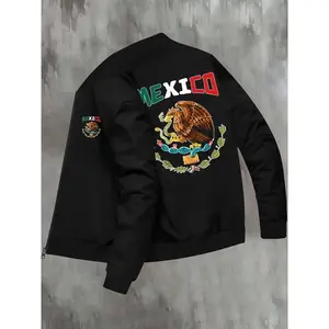 Men’s Mexico Eagle Print Zip-Up Jacket, Regular Fit Casual Fashion Long Sleeve Baseball Collar Outerwear for Daily Wear, Men’s Clothing for Fall & Winter, Zippered Jacket, Coats