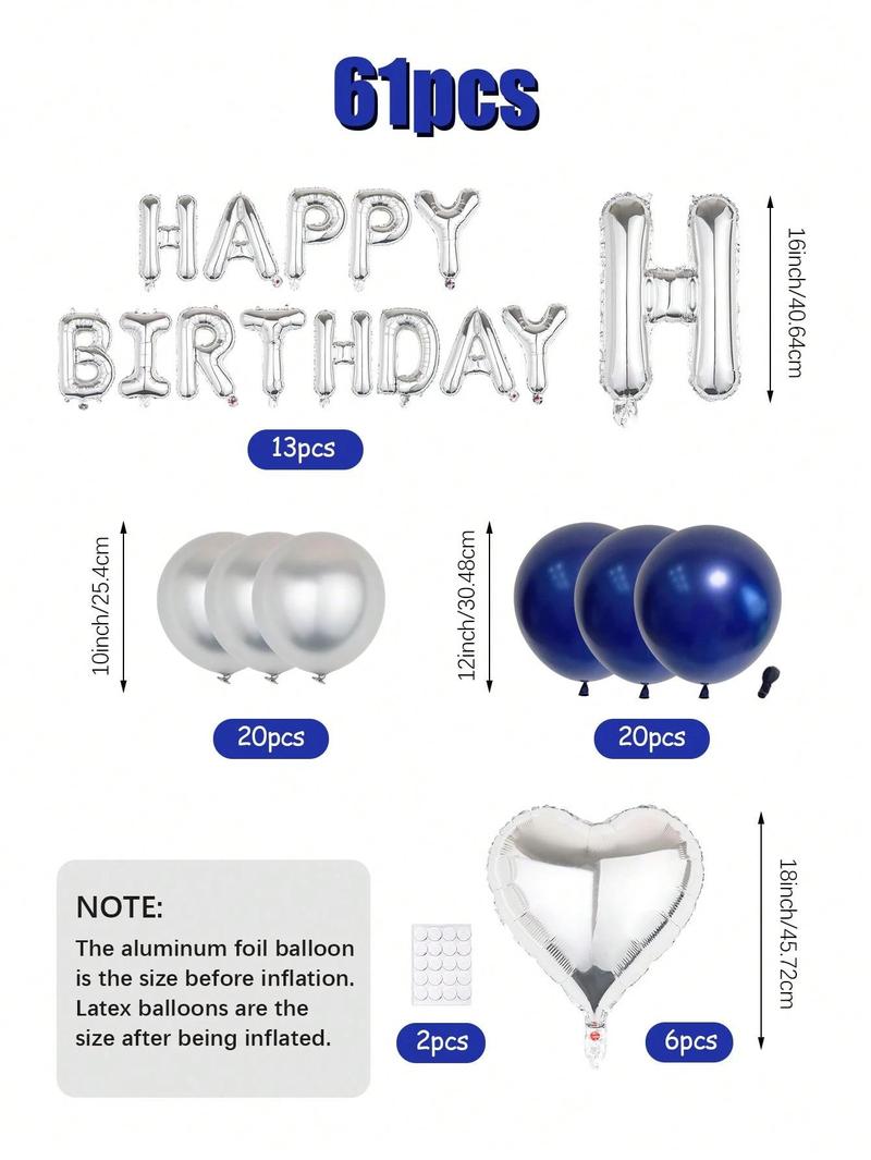 61pcs Silver and Blue Balloon Set for Party Holiday and Birthday Includes 16 Inch Foil Letter Balloons Silver Heart Foil Balloons Metallic Silver and Matte Navy Blue Latex Balloons Red Light Eye Therapy Mask Plastic Dice PE Material Multicolor Decorations