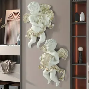 2pcs Vintage Resin Angels Wall Decor, Classic Cherub Figures With Instruments, Home & Living Room Wall And Door Embellishment Hanging Artwork Mount White Decoration Hangable Ornaments