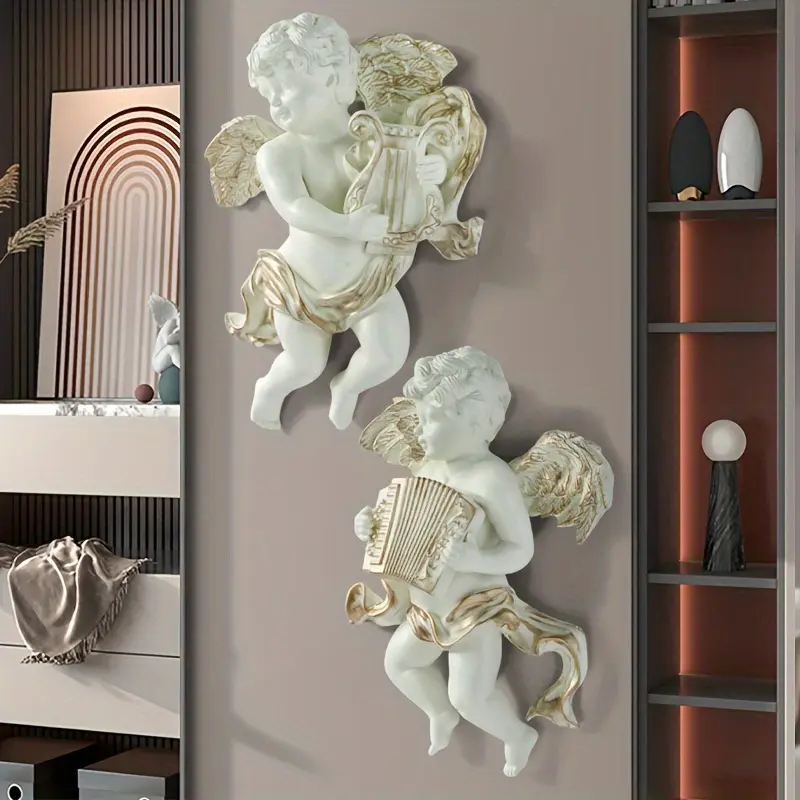 2pcs Vintage Resin Angels Wall Decor, Classic Cherub Figures With Instruments, Home & Living Room Wall And Door Embellishment Hanging Artwork Mount White Decoration Hangable Ornaments