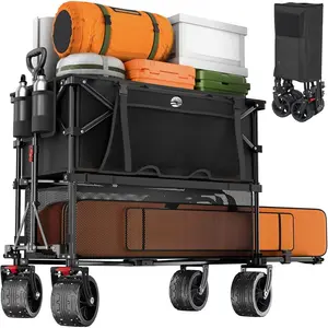 500LBS Heavy Duty Double Decker Wagon with Extender, 400L Large Capacity Collapsible Garden Cart Fits 10x10 Canopy, -Terrain Big Wheels with Brakes, Foldable Utility Wagon for , Camping
