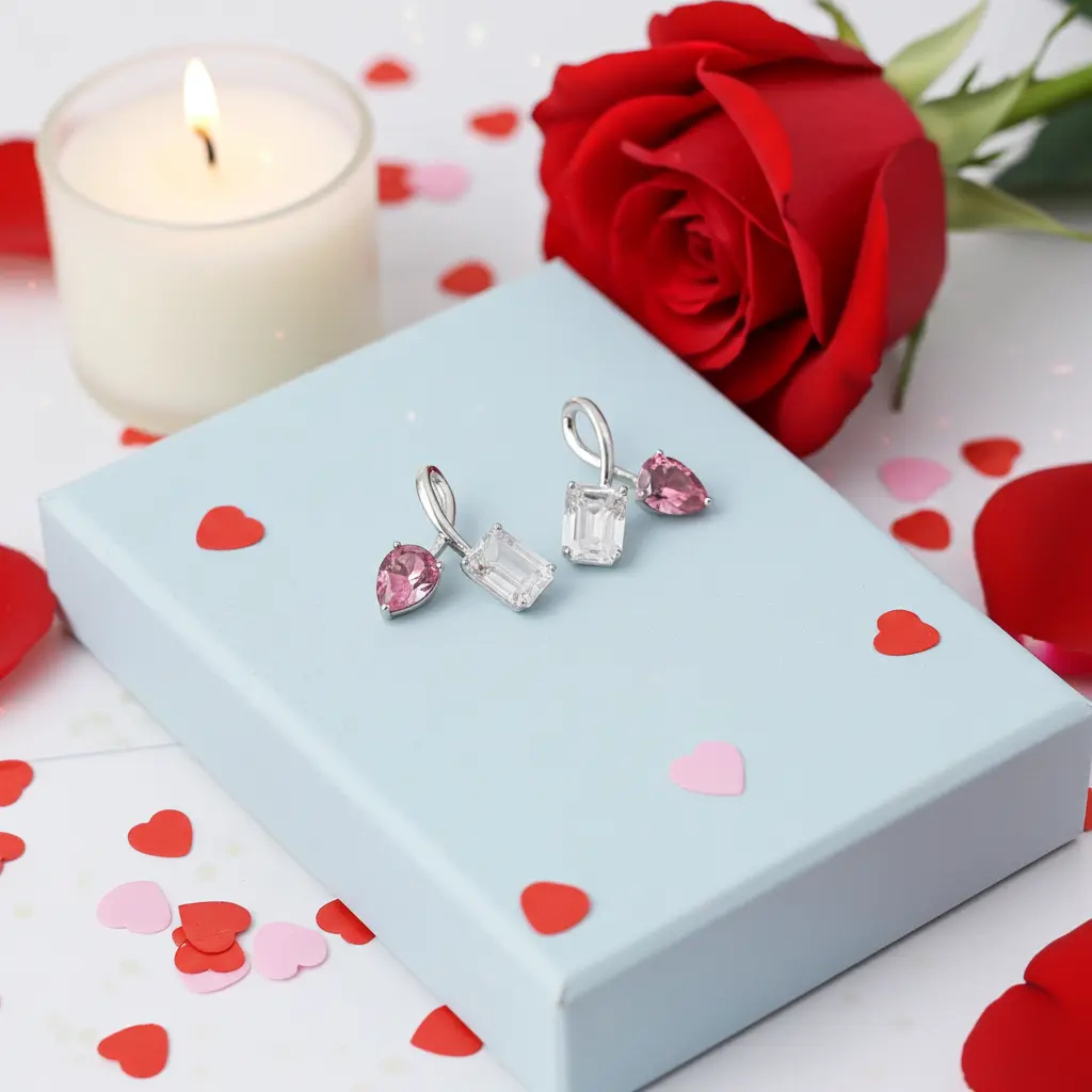King of Bling's Women's 925 Silver White 3.50ct VVS 'D' Pink Moissanite Toi et Moi Stud Earrings