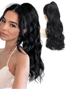 Black Wavy Drawstring Ponytail Extension  26 Inch Long Wavy Drawstring Ponytail Extensions for Black Women, Synthetic Voluminous Natural Looking Draw String Ponytails Hairpieces