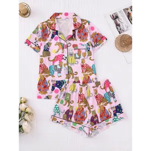 【2-piece Set Of Animal Tiger Print Pajamas】Women's Casual Polyester Short-sleeved Lapel Shirt And Elastic Waist Shorts, Four-season Comfortable Knitted Fabric Home Clothing