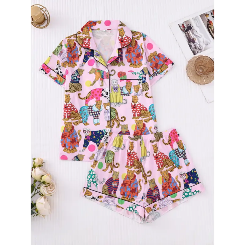 【2-piece Set Of Animal Tiger Print Pajamas】Women's Casual Polyester Short-sleeved Lapel Shirt And Elastic Waist Shorts, Four-season Comfortable Knitted Fabric Home Clothing