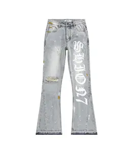 SHION7 Relaxed Slim Fit Denim Jeans For Men, Hand Painted Crafted Jean Pants, Stacked Bell Bottom Jeans Trousers