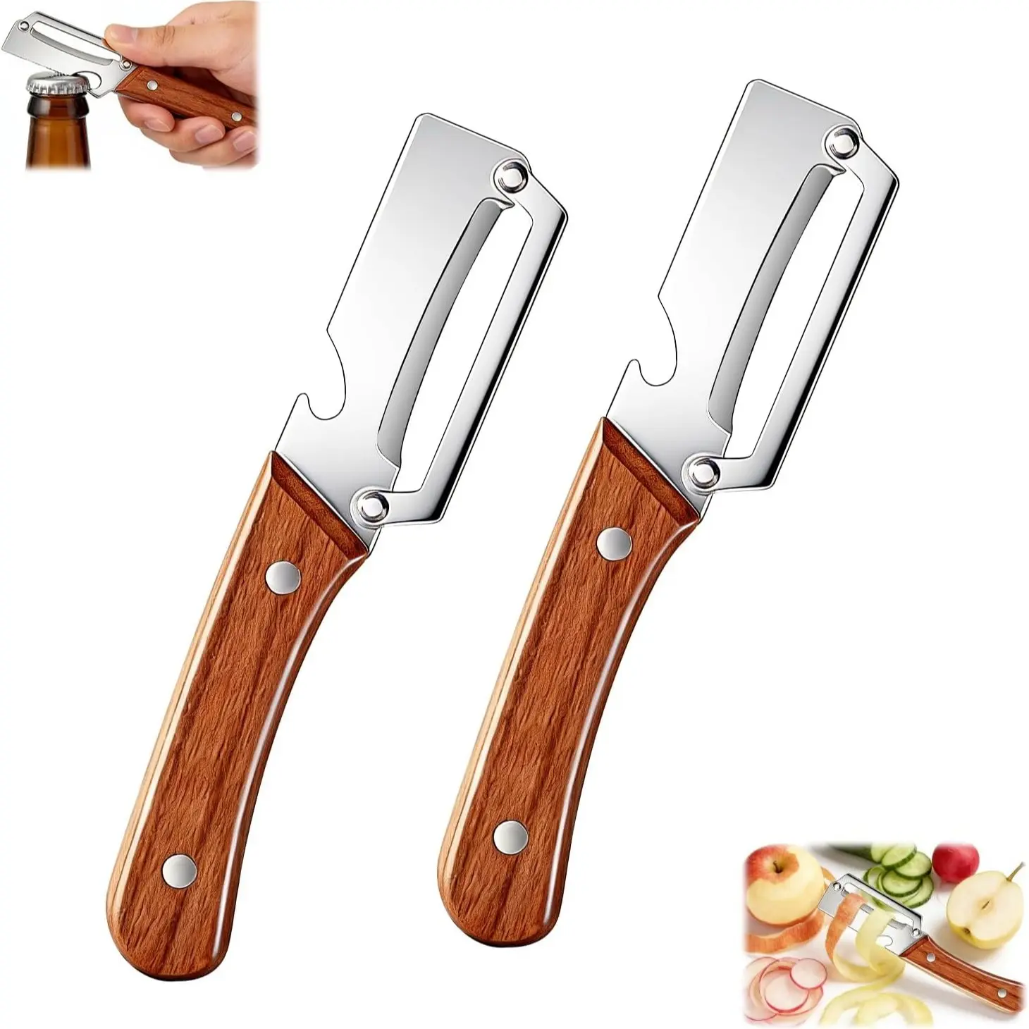 2PCS 2-in-1 Vegetable & Fruit Peeler with Stainless Steel Blade and Bottle Opener, Multi Functional Vegetable Peeler, Wooden Handle Kitchen Tool for Potatoes, Apples, Zucchini, Papaya & Pumpkin, Peeling, Veggie Peeler, Kitchen Peeling Utensils