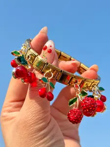 Italian Hand Chain, Cute Cherry Charm Bracelet, Fashionable Stainless Steel Jewelry, Casual Style for All Seasons