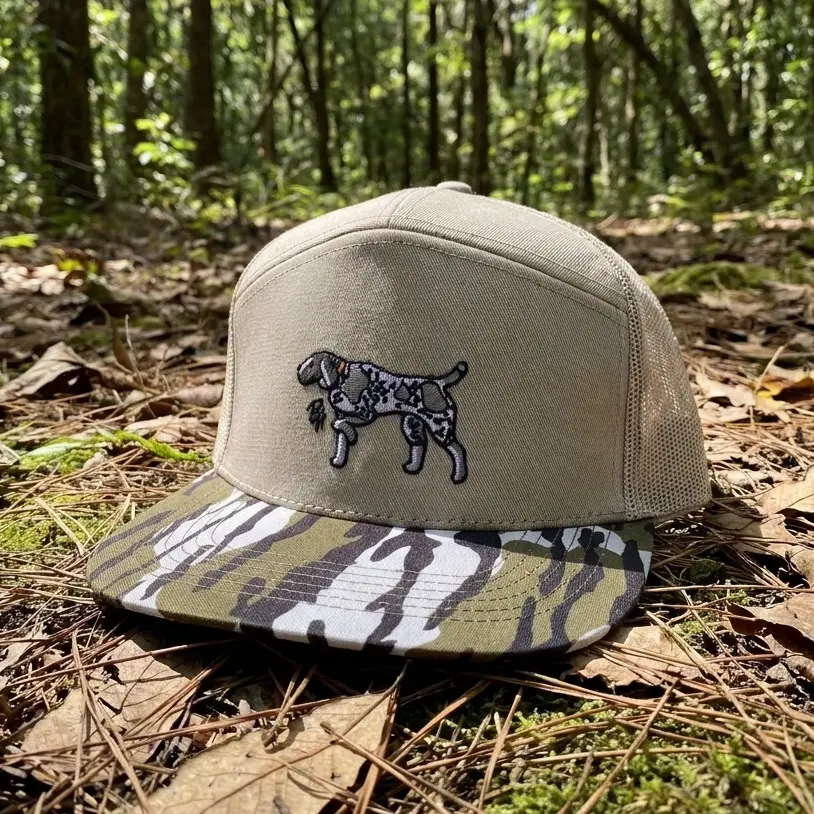 Hunting Dog Trucker Hat for Men – Mesh Snapback Cap with Embroidered Bird Dog Logo, Camo Brim Outdoor Fishing Hunting Hat