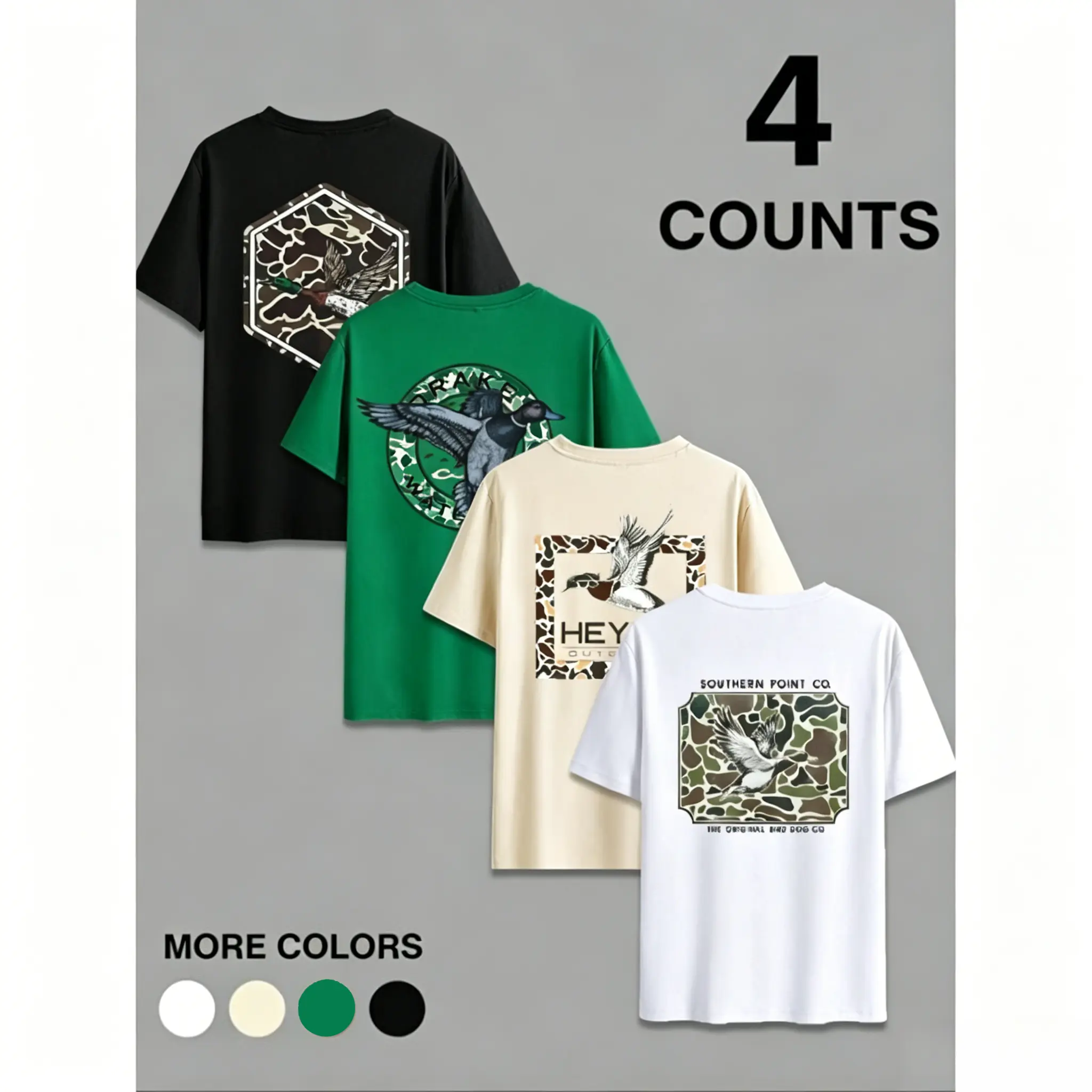 Menswear 4-Pack Letter & Deer Print Round Neck Graphic T-Shirts, Knit Regular Fit Shortsleeve Casual Summer Tops for Men's Daily Wear