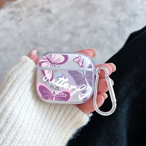 Elegant Purple Butterfly Pattern Protective Case for AirPods 4/3/2/1/Pro/Pro2 Soft TPU Earphone Cover, Transparent with Keychain