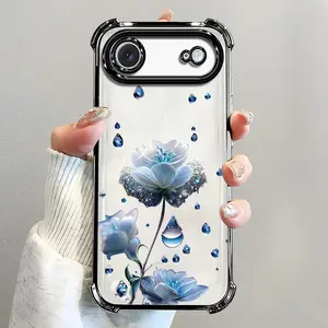 For [iPhone 17 Air] luxury women's phone case🥰, electroplated four-corner shockproof protection, crystal clear blue flower with water drop design, sophisticated and eye-catching666