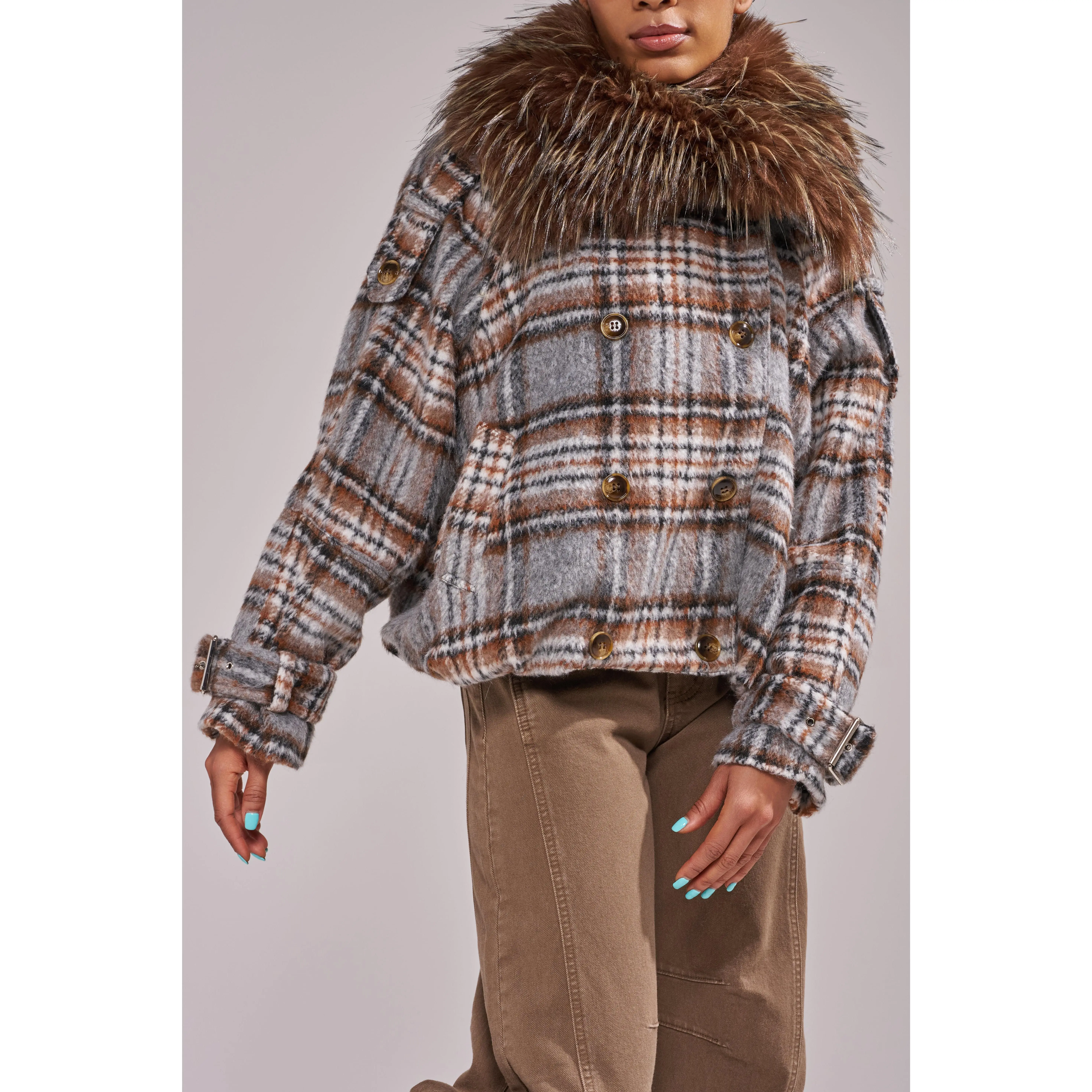 LINNEA-GREYPLAID FAUX FUR BOMBER JACKET