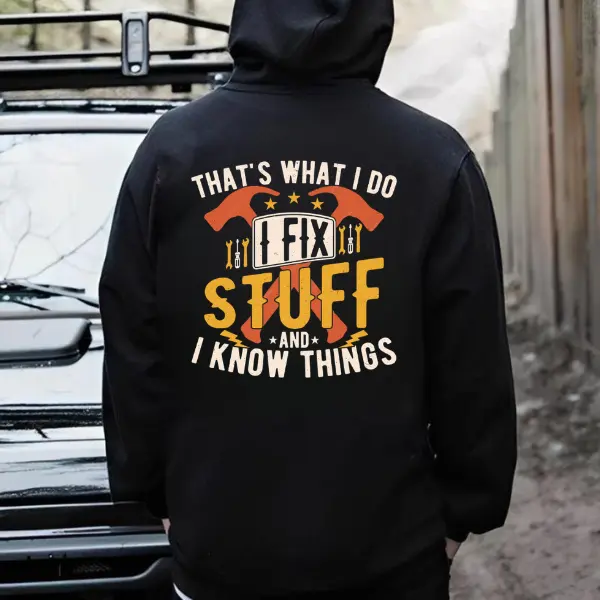 Men's Funny Graphic Tee with "I Fix Stuff And I Know Things" Graphic Print, Medium-Weight Fabric with Tear Label, True to Size Fit for Dad