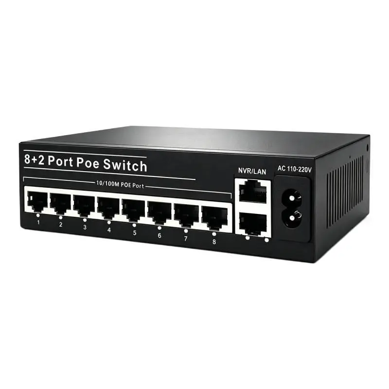 8+2 Port PoE Network Switch, 10-Port Total Capacity, 10/100Mbps 100Mbps Fast Ethernet, 24V DC Commercial Access Control Systems Ready, Power + Data Transmission, Security Integration, Plug-and-Play, 156*119mm